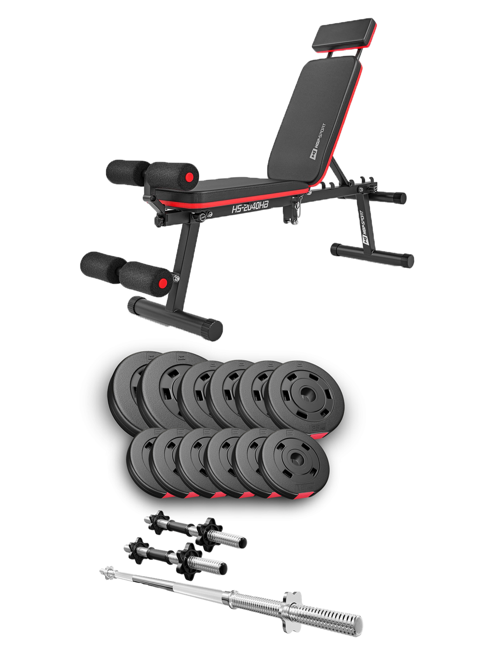 Набір Hop-Sport Premium 38 кг з лавою HS-2040 HB, штангою та гантелями, фото 1