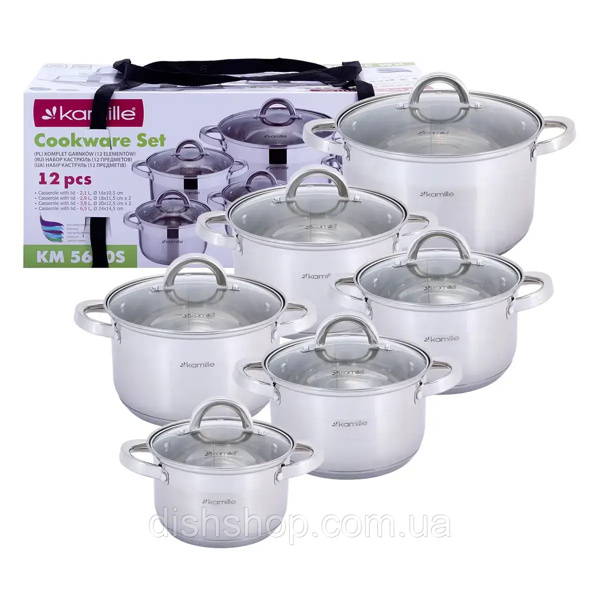 Набір каструль Kamille з нержавіючої сталі 12 предметів (1.8 л, 2.5 л, 2.5 л,3.8 л, 3.8 л, 6.5 л), фото 1