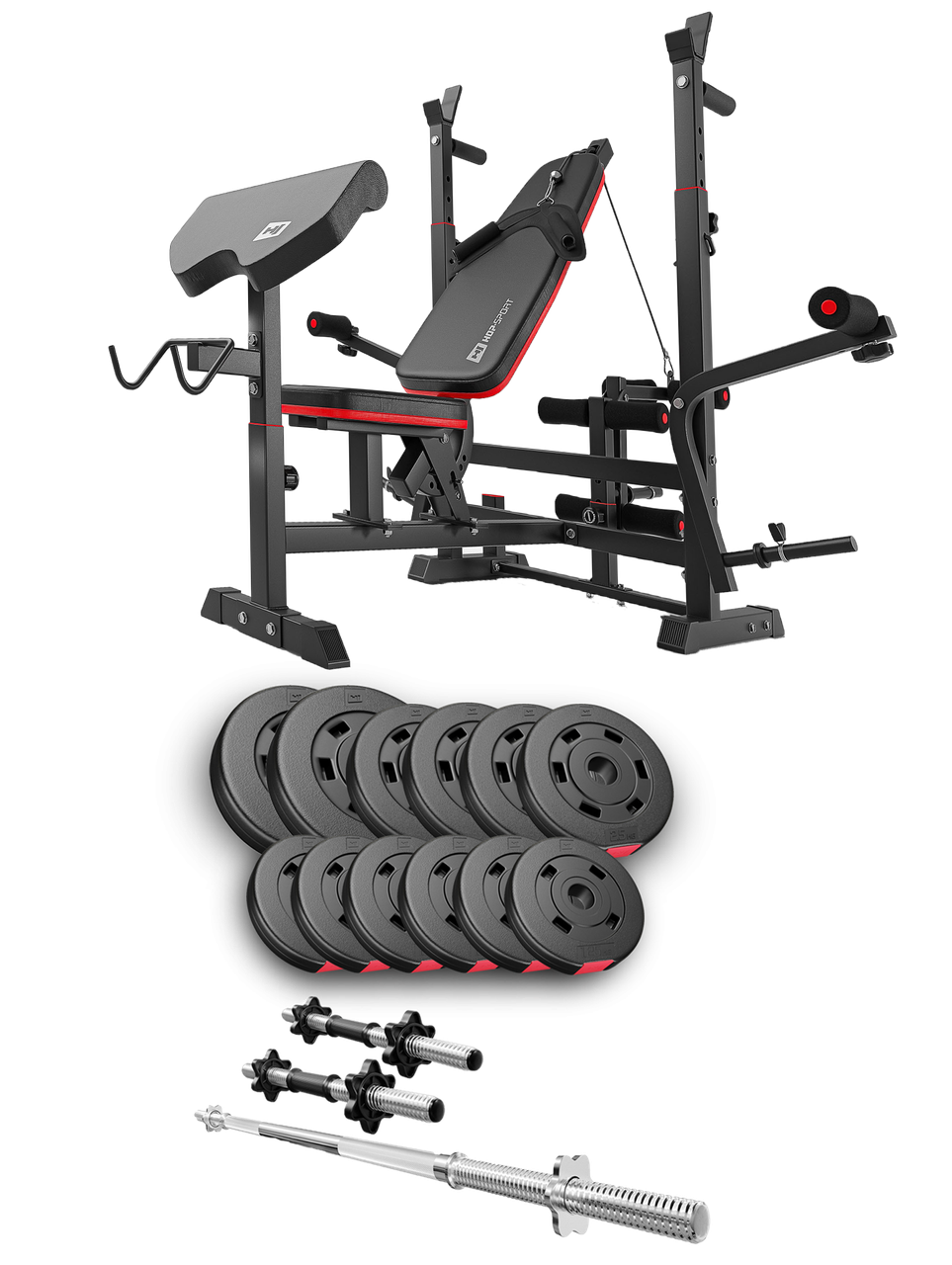 Набір Hop-Sport Premium 38 кг з лавою HS-1075 Pro, штангою та гантелями, фото 1