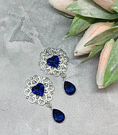 Стразовой декор- Сердце, размер 52*28 мм, цвет камня -синий, шт.