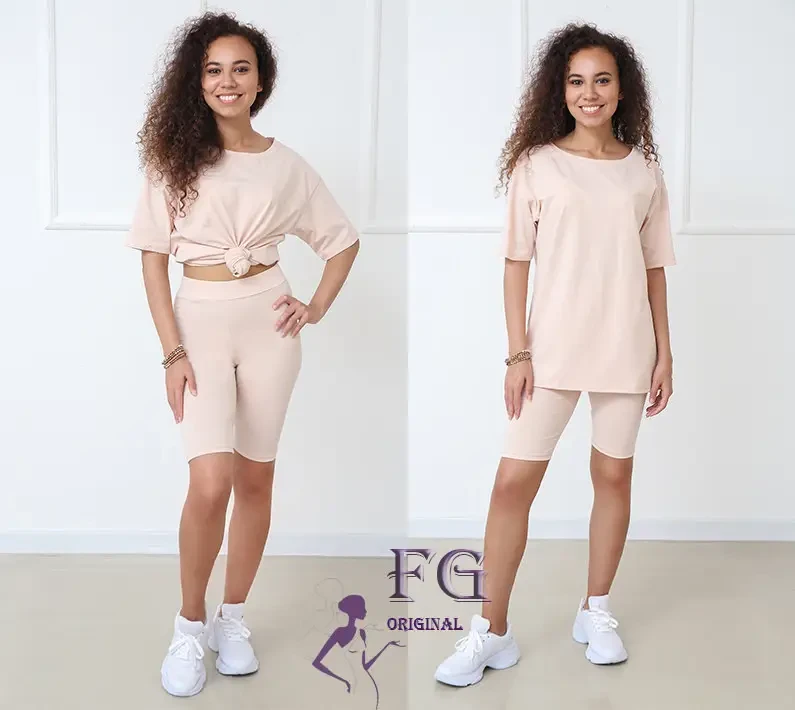 Трикотажний літній жіночий костюм чорного, бежевого та оливкового кольору, фото 1