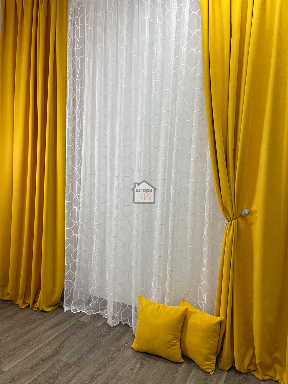 Штори мікровелюр тканина №344 diamond, колір жовтий, в спальню, зал, кімнату, комплект 2 штори