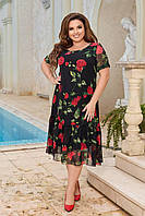 Шикарне шифонове літнє плаття батал вільного крою з квітковим принтом (р.52-54). Арт-2507/17