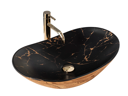 Умивальник (раковина) REA ROYAL IN MARBLE BLACK MATТ GOLD накладний, фото 1
