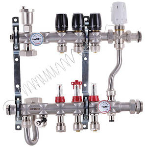 Колектор Koer 1"х3 в зборі, бічне підключення, з триходовим клапаном (Чехія) SUS304