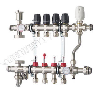 Колектор Koer 1"х4 в зборі, бічне підключення, з триходовим клапаном (Чехія) SUS304