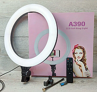 Кольцевая LED лампа A390, 1 крепление телефона, пульт, 220V, диаметр 39см (301-330)