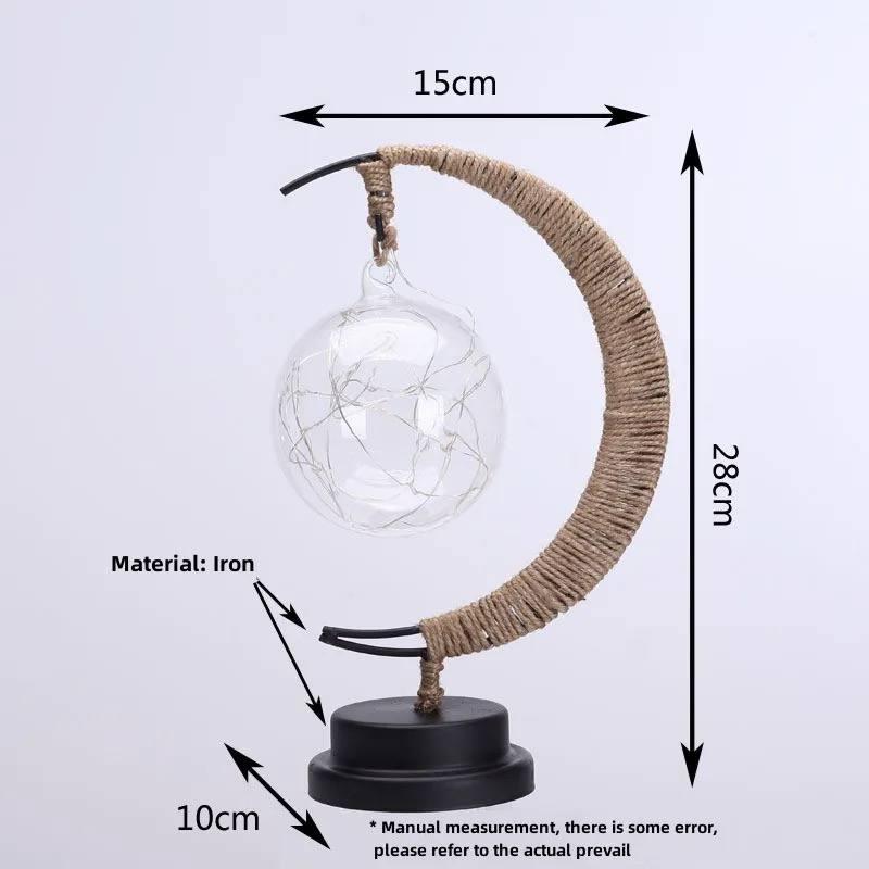 Світильник Півмісяць з живленням від батарейок металева основа скляна кулька, конопляна мотузка - фото 3 - id-p1838782596