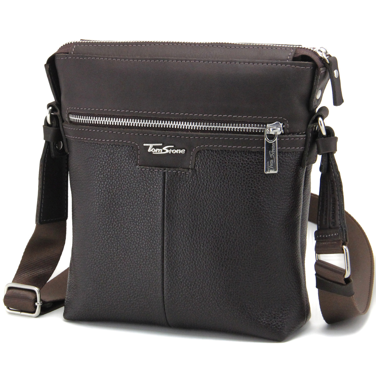 Сумка чоловіча шкіряна на блискавці Tom Stone 402 Br коричнева через плече, фото 1
