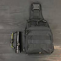 Набір: армійська чорна сумка + тактичний ліхтар професійний FJ-325 POLICE BL-X71-P50