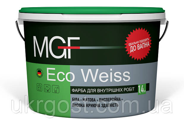 Фарба акрилова водоемульсійна без запаху MGF Eco Weiss (M1) мат білий 1,4 кг, фото 2