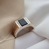 Срібний перстень чоловічий з чорним оніксом золотом і цирконами