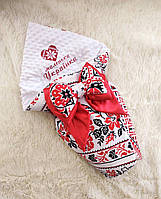 Конверт - одеяло летний на выписку новорожденным, вышивка "Маленька Українка", белый с красным