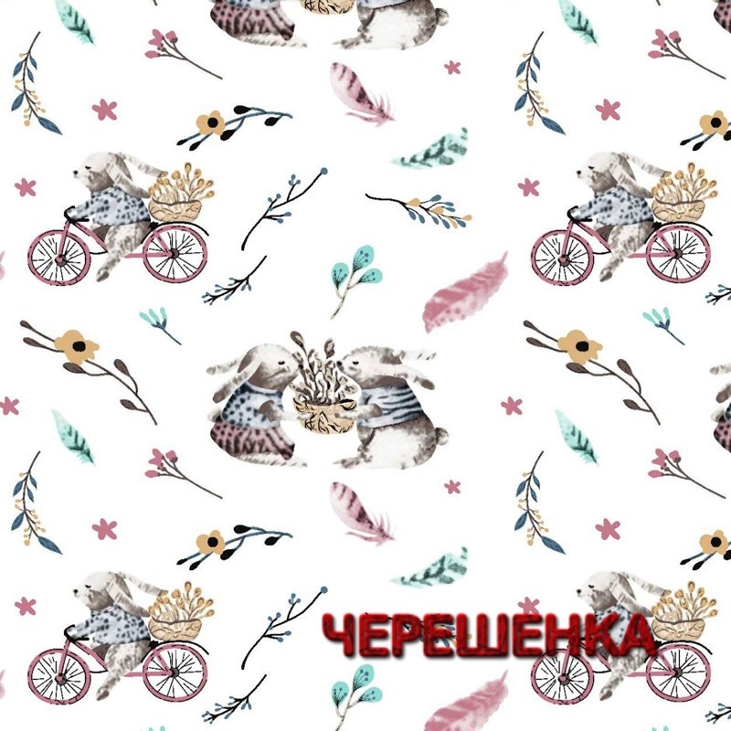 Тканина для постільної білизни Фланель (байка) дитяча FLB1044 (40м) зайчики на велосипедах