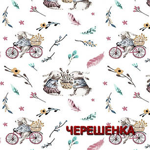 Тканина для постільної білизни Фланель (байка) дитяча FLB1044 (40м) зайчики на велосипедах, фото 1
