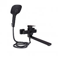 Кран для ванны черный Lidz Kubis 05D-SES настенный кубический с лейкой для ручного душа и длинным изливом