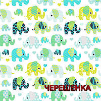 Ткань для постельного белья Фланель (байка) детская FLB1036green (40м) яркие зеленые слоники на белом
