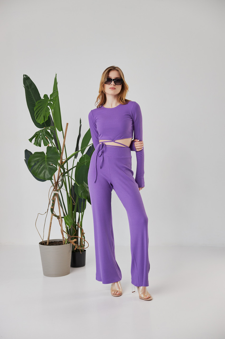 Костюм женский летний S размер 42 мустанговый брючный фиолетовый костюм штаны и топ с завязками на талии на - фото 3 - id-p1839755942