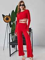 Костюм женский летний S размер 42 мустанговый брючный красный костюм штаны и топ с завязками на талии на весну