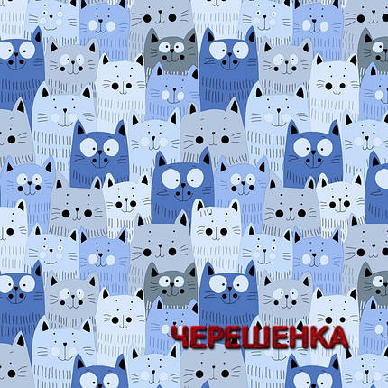 Блакитна Фланель (байка) дитяча з принтом котики 100% бавовняна завширшки 280 см для пеленої та постільної білизни, рулон 40 м, фото 1