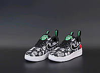 Мужские кроссовки Nike Air Force (чёрные с белым/зелёным) повседневные кеды с рисунками К12284