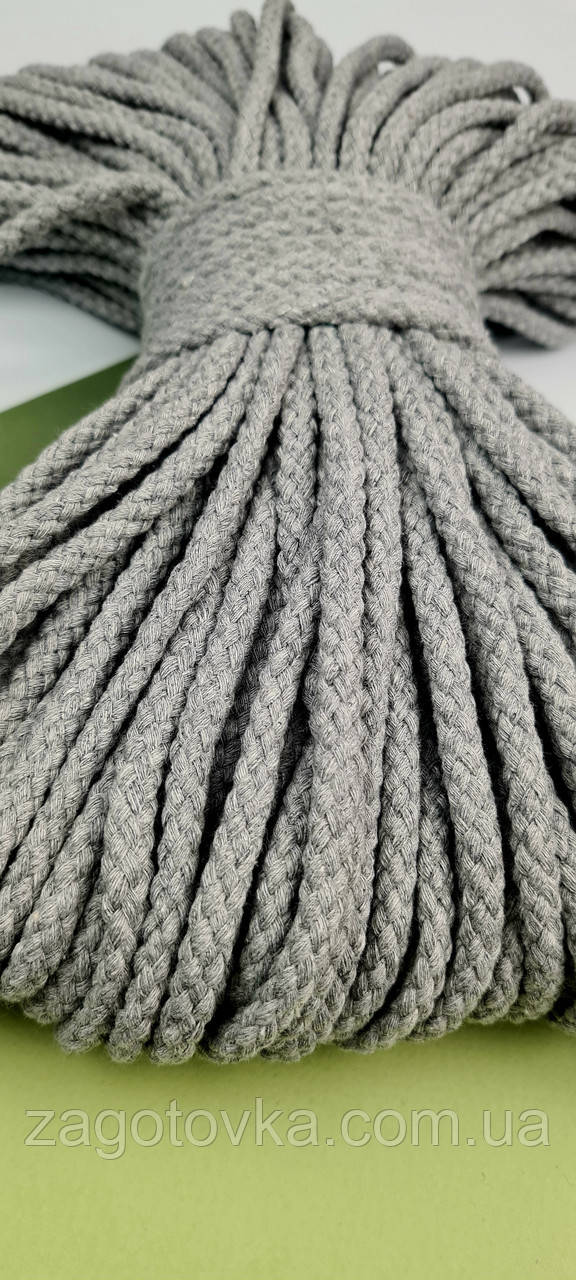 Шнур плетений бавовняний коса 6,5мм, Світло сірий