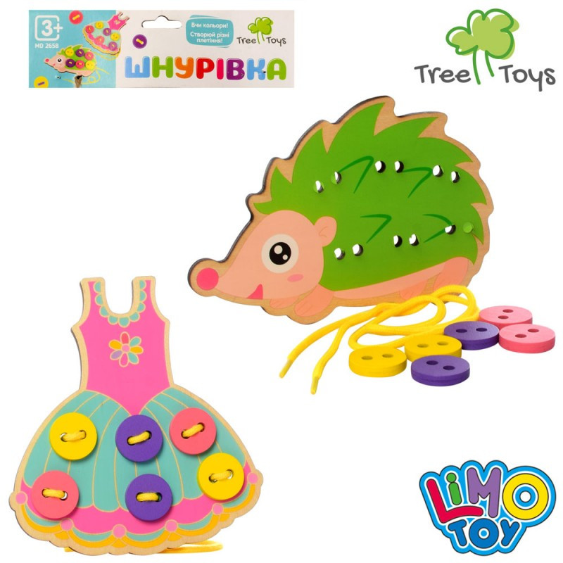Дерев'яна розвивальна іграшка Шнурівка, плаття/еж, у пакеті 15-17-1 см