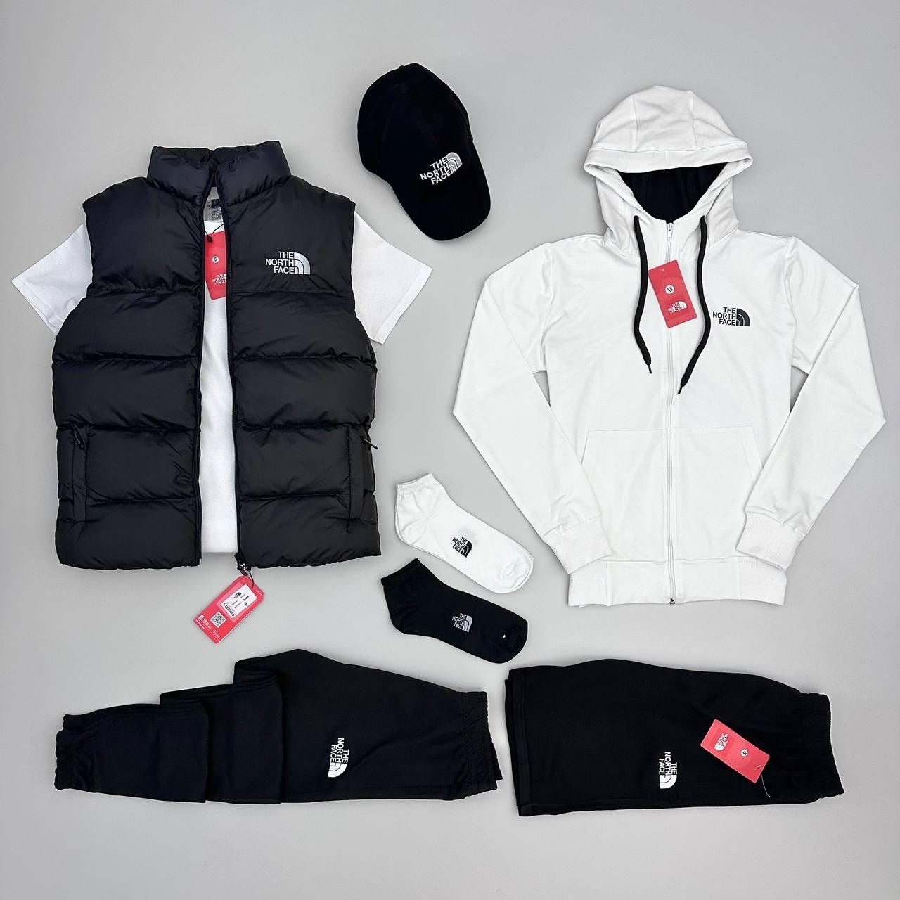 Спортивний костюм жилетка шорти футболка кепка шкарпетки The North Face білий комплект чоловічий тнф