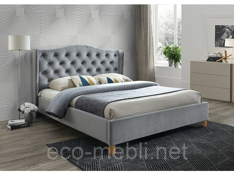 Ліжко двухспальне з мякою оббивкою у спальню Aspen velvet 180x200 сірий Signal