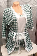 Піжамний комплект-трійка(халат+майка+шорти) CharMe зеленая с принтом Клетка