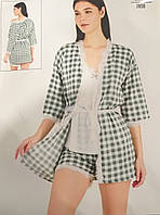 Піжамний комплект-трійка(халат+майка+шорти) CharMe зеленая с принтом Клетка Зелений, XL