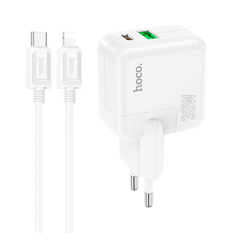 Адаптер сетевой HOCO Type-C to Lightning Cable Lucky dual-port charger set C111A |1USB/1Type-C, 30W/3A,, фото 1