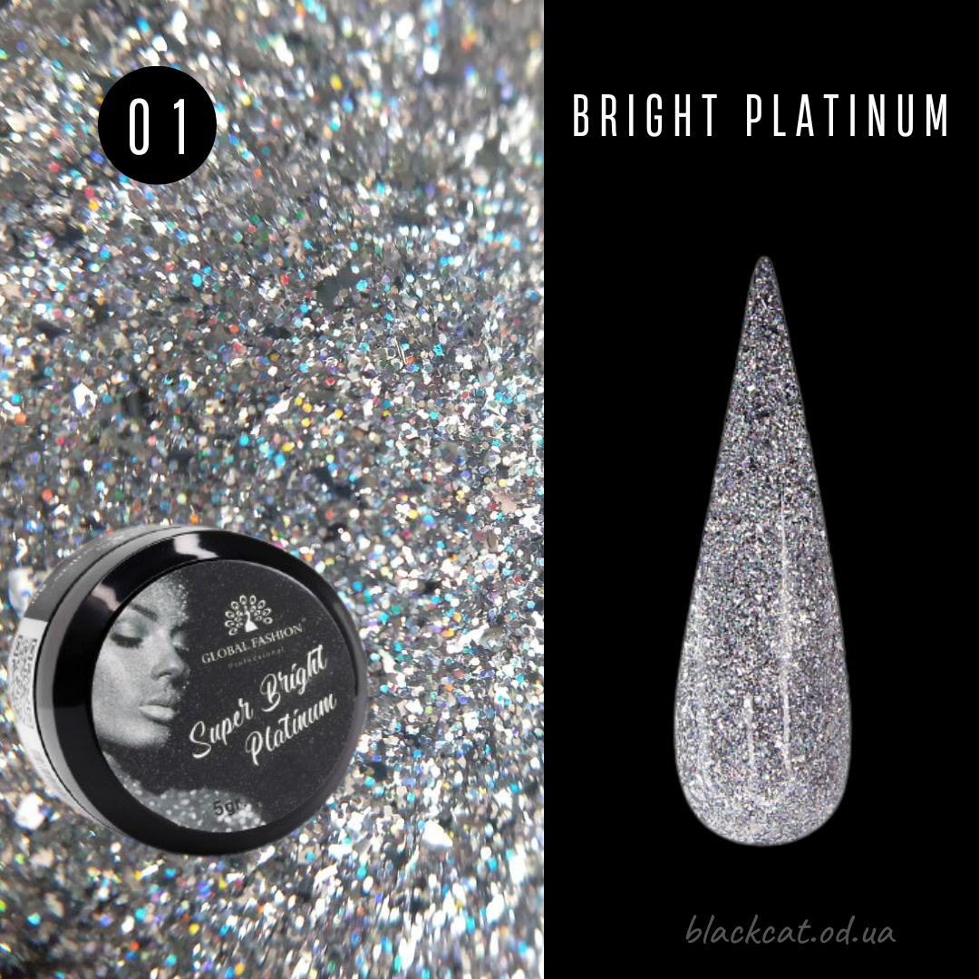 Гель фарба срібло для нігтів із дрібним шиммером Bright Platinum Global Fashion 5g №01