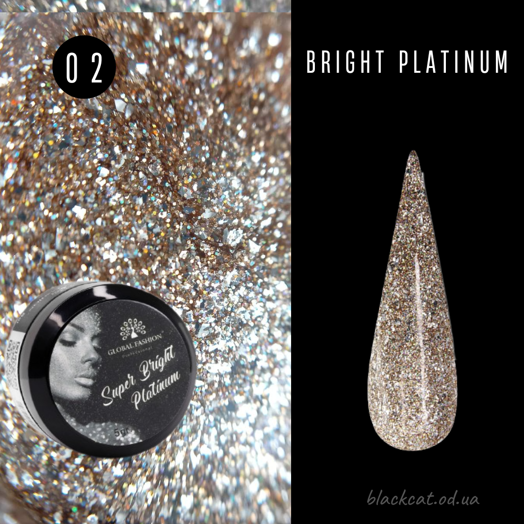 Гель фарба золото, золота для нігтів із дрібним шиммером Bright Platinum Global Fashion 5g №02