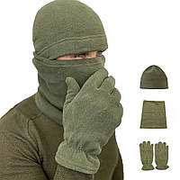 Комплект флисовый из шапки, баффа и перчаток тактический, военный комплект для армии Хаки
