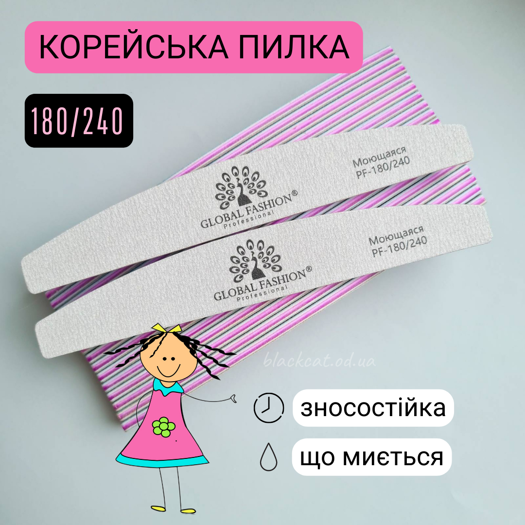 Пилка 180/240 човен (півмісяць) сіра для опила натуральних нігтів Global Fashion
