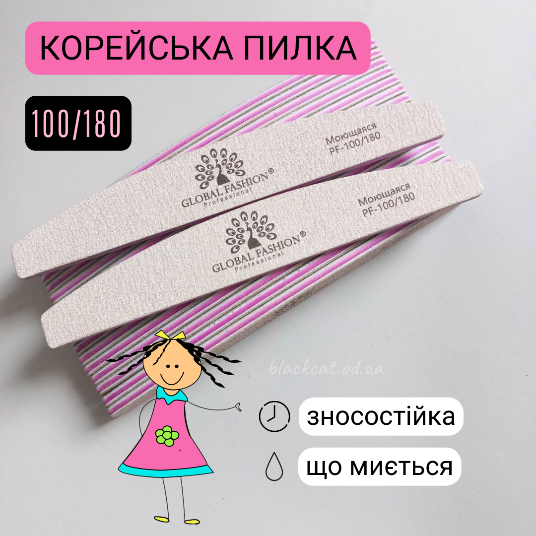 Пилка 100/180 човен (півмісяць) сіра для для опила штучних нігтів Global Fashion