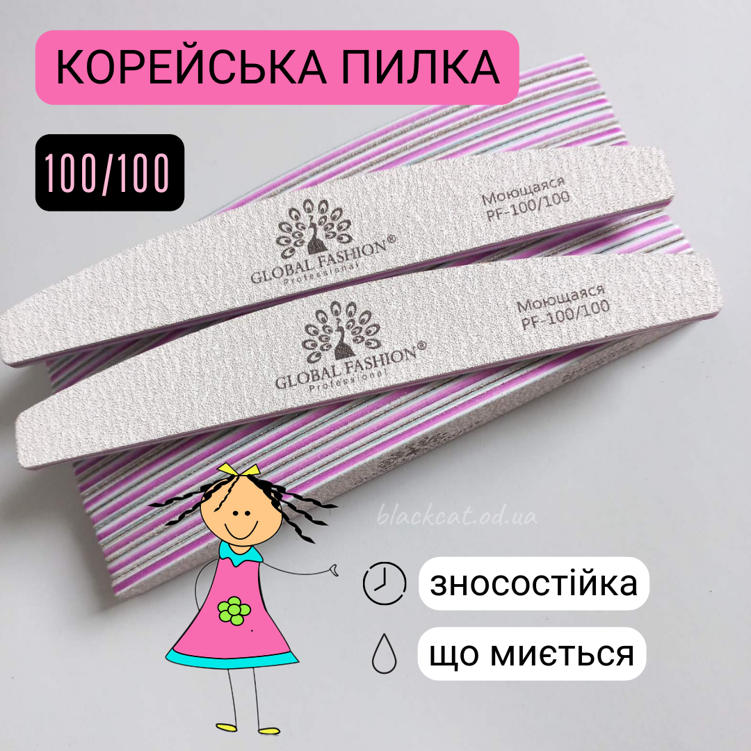 Пилка 100/100 човен (півмісяць) сіра для опила штучних нігтів Global Fashion