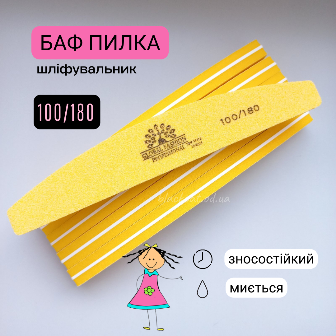 Шліфувальник пилка-баф для шліфування нігтів 100/180 Global Fashion