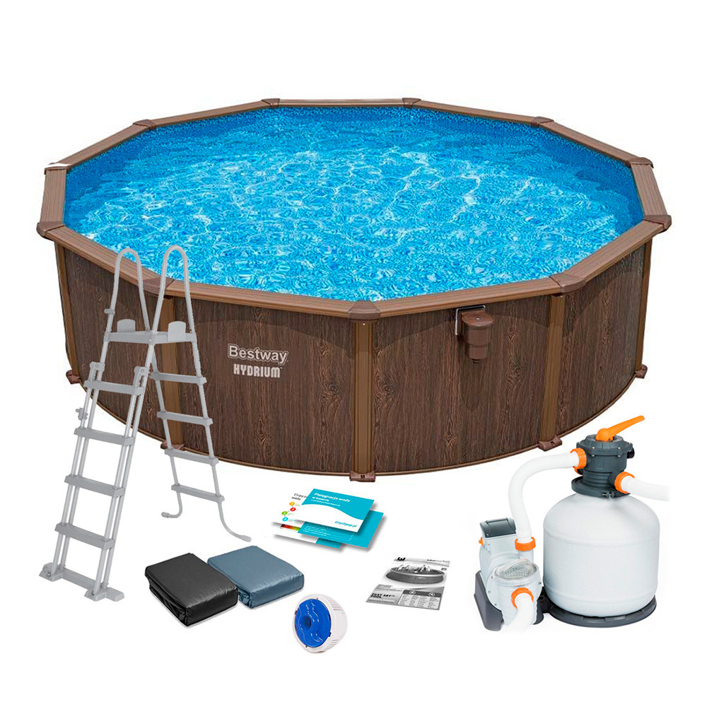 Каркасний круглий басейн Bestway 561CU (488-130см, 21490 л, сходи, фільтр, тент, дозатор) Коричневий