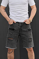Летние джинсовые мужские бриджи с потертостями темно серые, Повседневные стильные молодежные шорты рваные 31