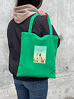 Шопер на молнии \ эко-сумка на плечо \ сумка шоппер "Kyiv" зеленая с патриотическим принтом
