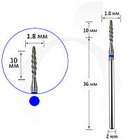 Фреза алмазная торнадо пуля синяя 1.8 мм, рабочая часть 10 мм