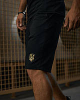 Стильные трикотажные удобные летние шорты Тризуб черные, Молодежные комфортные спортивные шорты с гербом