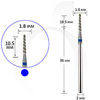 Фреза алмазная торнадо конус синяя 1.8 мм, рабочая часть 10.5 мм