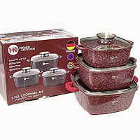 Набор кастрюль Higher Kitchen HK-302 красный с гранитным антипригарным покрытием, Качественный набор посуды