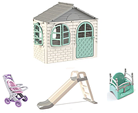 НАБОР Детский пластиковый домик со шторками, детская пластиковая горка, коляска и качеля ТМ Doloni