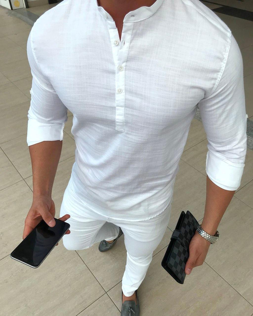 Чоловіча сорочка лляна біла молодіжна приталена з довгим рукавом класична