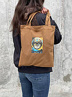Шоппер с принтом \ эко-сумка на плечо \ сумка шоппер "Kit" кемел с патриотическим котиком