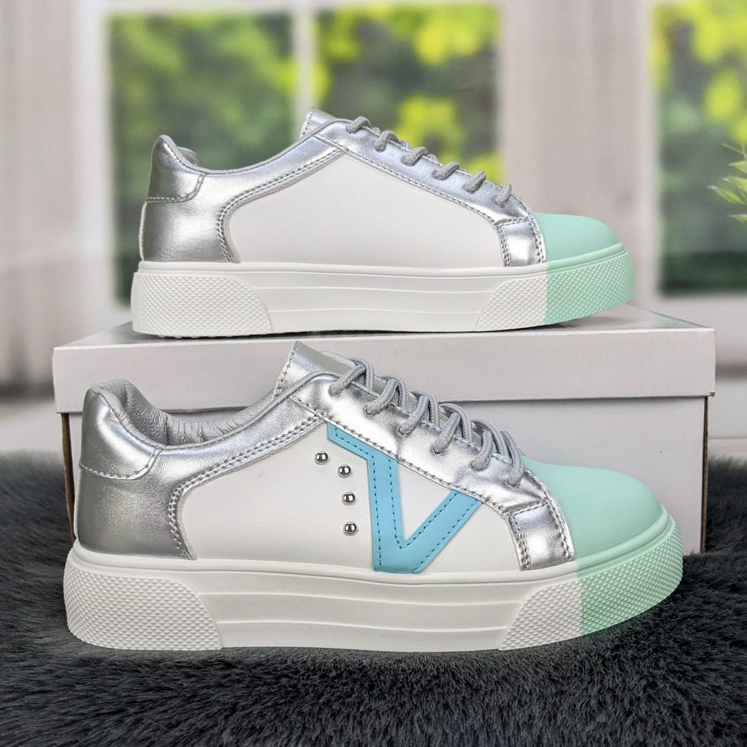 Кросівки кеди жіночі Bomba демісезонні білі з бірюзовим еко-шкіра 4112